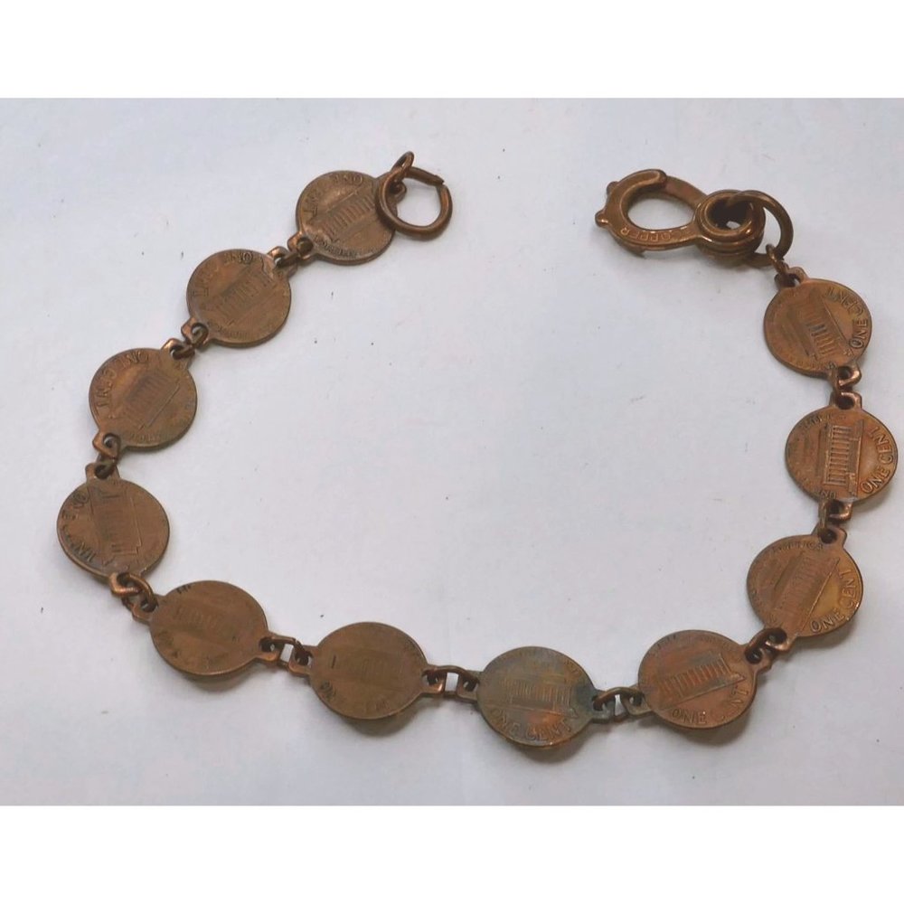 Vintage Copper Bracelet With Mini 1964 Pennies Marked Copper On Clasp